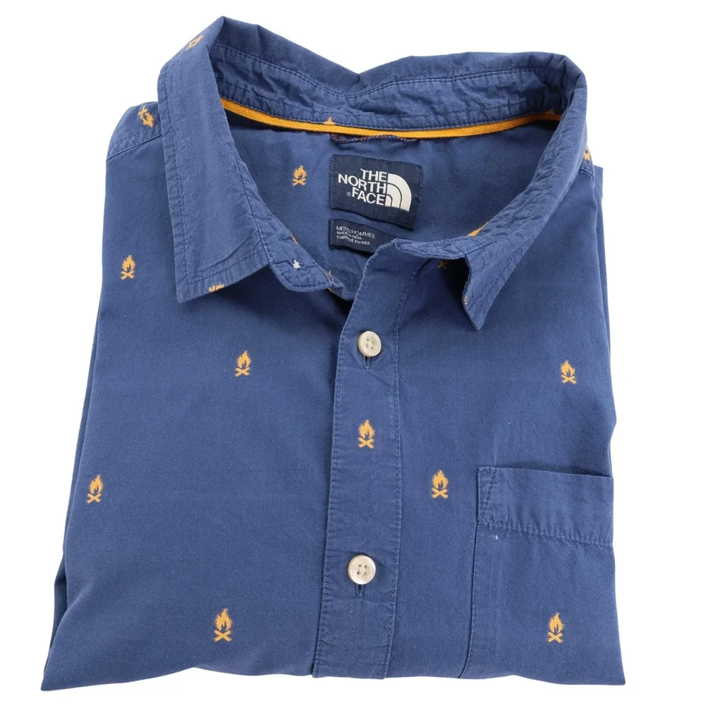The North Face Mens XXL Blue Embroidered Campfire Short Sleeve Button Down Shirt